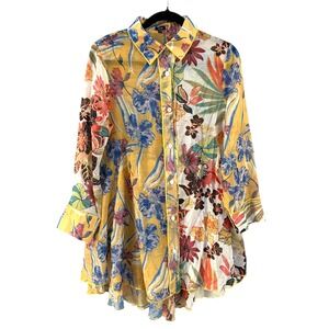 Shana Women XS Yellow Floral Print Mixed‎ Flowy Button Up Shirt Tunic Dress